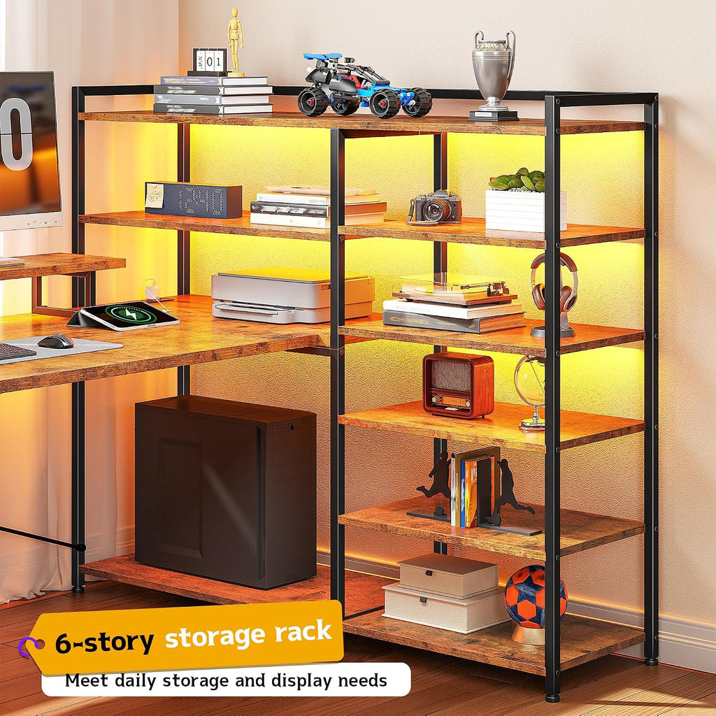 DurayLoly L Shaped Desk with Monitor Stand, 63'' Reversible U Shaped Office Desk with 6 Tire Storage Shelves & 2 Fabric Drawers, Gaming Desk with Power Outlet & LED Strip, Rustic Brown