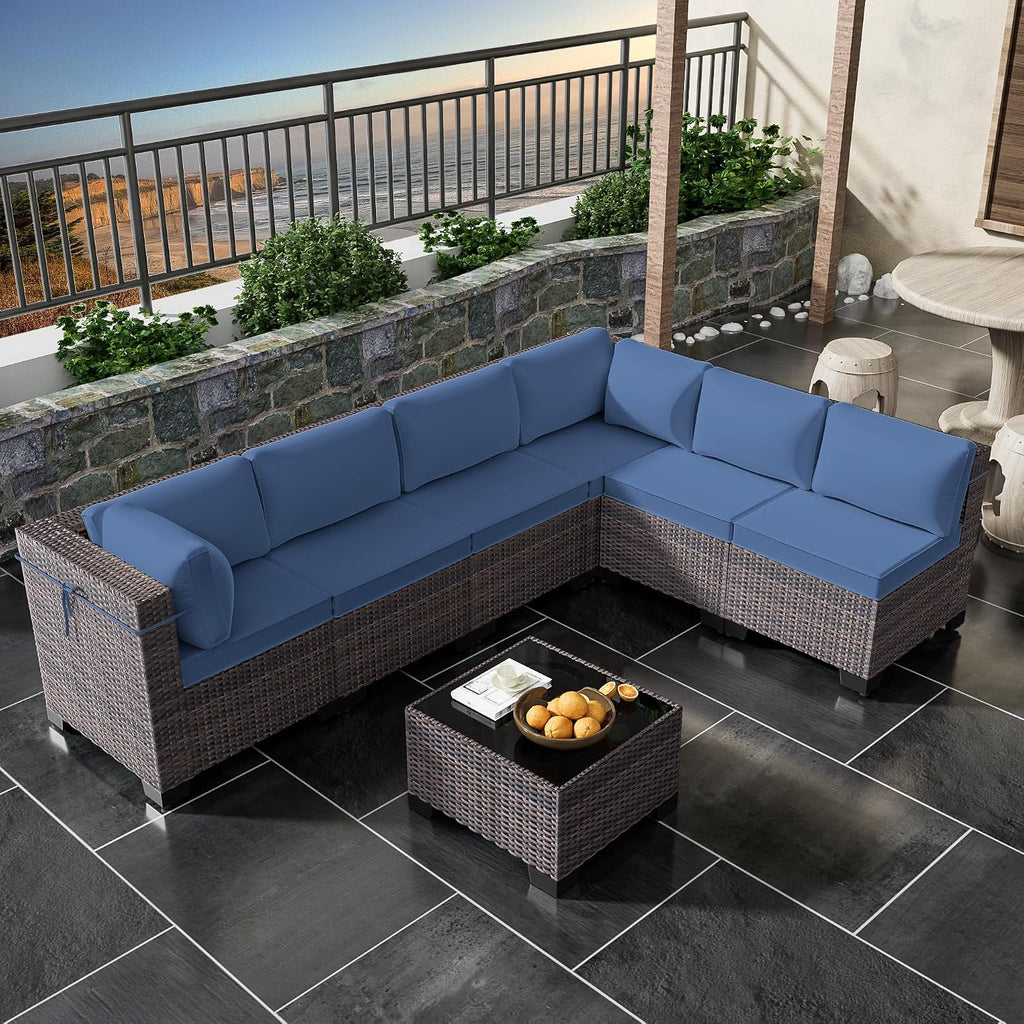 7 Pieces Outdoor Patio Furniture Set,Outdoor Sectional Furniture All Weather PE Rattan Wicker Patio Conversation Set with Coffee Table and 6 Thickened Cushions,Navy Blue