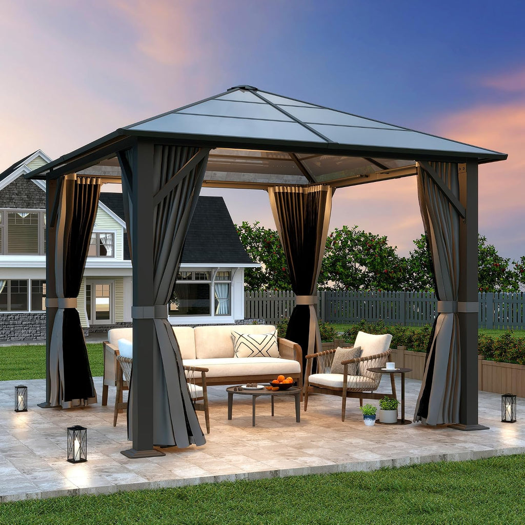 10x10FT Gazebo Hardtop, Outdoor Patio Gazebos with Polycarbonate Roof & Steel Frame, Outdoor Pavilion with Gray Curtain&Netting for Backyard/Lawn/Garden/Deck