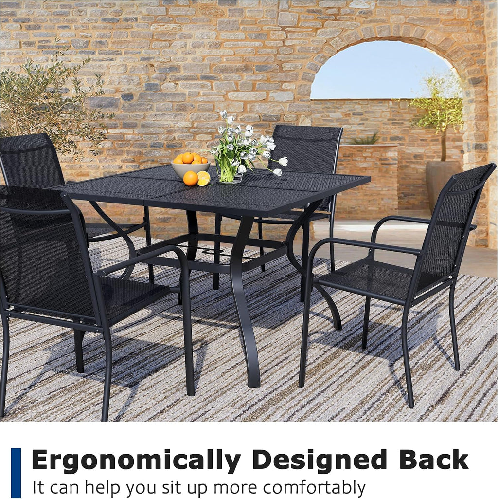 5 Piece Outdoor Dining Set, Patio Table and Chairs Set of 4, 37.5' Black Square Patio Table with 4 Black Stackable Patio Chairs for Lawn, Garden, Porch