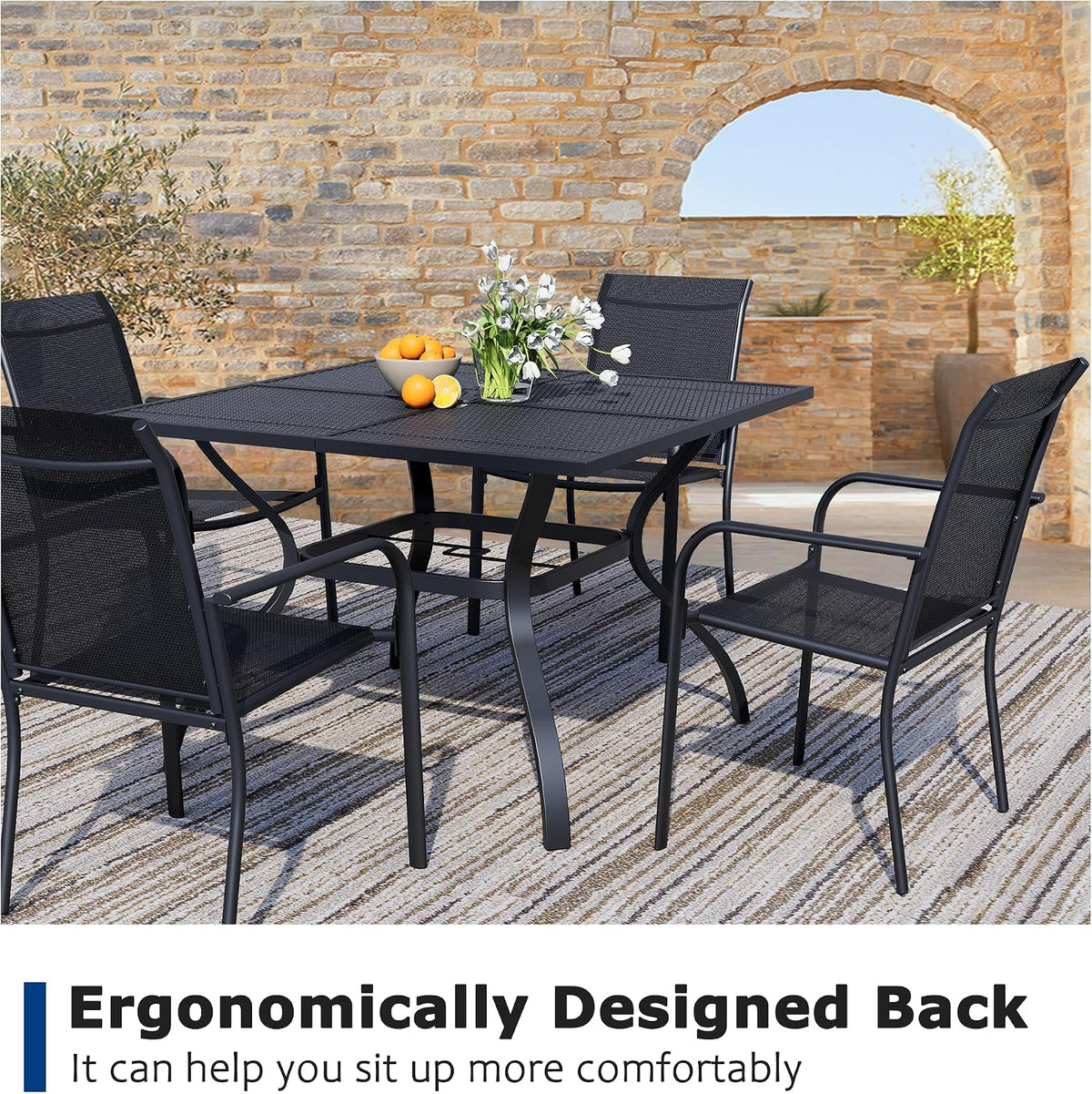 5 Piece Outdoor Dining Set, Patio Table and Chairs Set of 4, 37.5' Black Square Patio Table with 4 Black Stackable Patio Chairs for Lawn, Garden, Porch