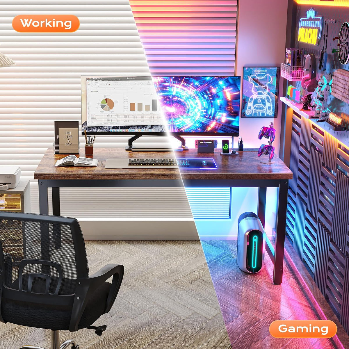 Huuger 55 x 24 inch Desk with Power Outlets & USB-C, Deeper & Thicker Desktop, Robust Metal Tubes, Computer Desk, Heavy Duty Office Desk, Work Gaming Desk for Home Office, Rustic Brown