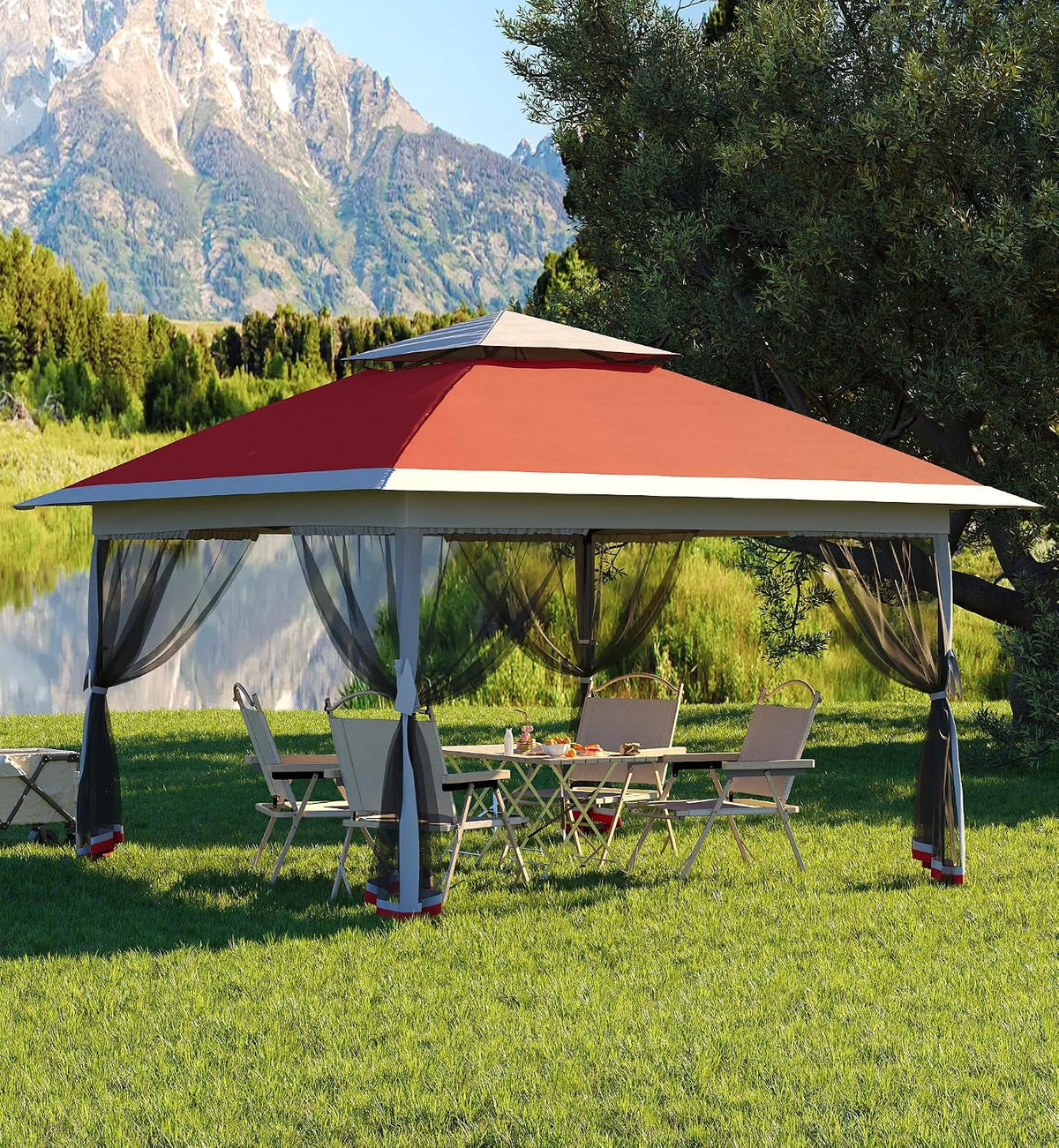 Garvee 13x13 ft Pop Up Gazebo,Canopy Tent with Mosquito Netting,Outdoor Patio Gazebo,Backyard Tent for Party,Wedding,Outdoor Dining(Red+Light Grey)