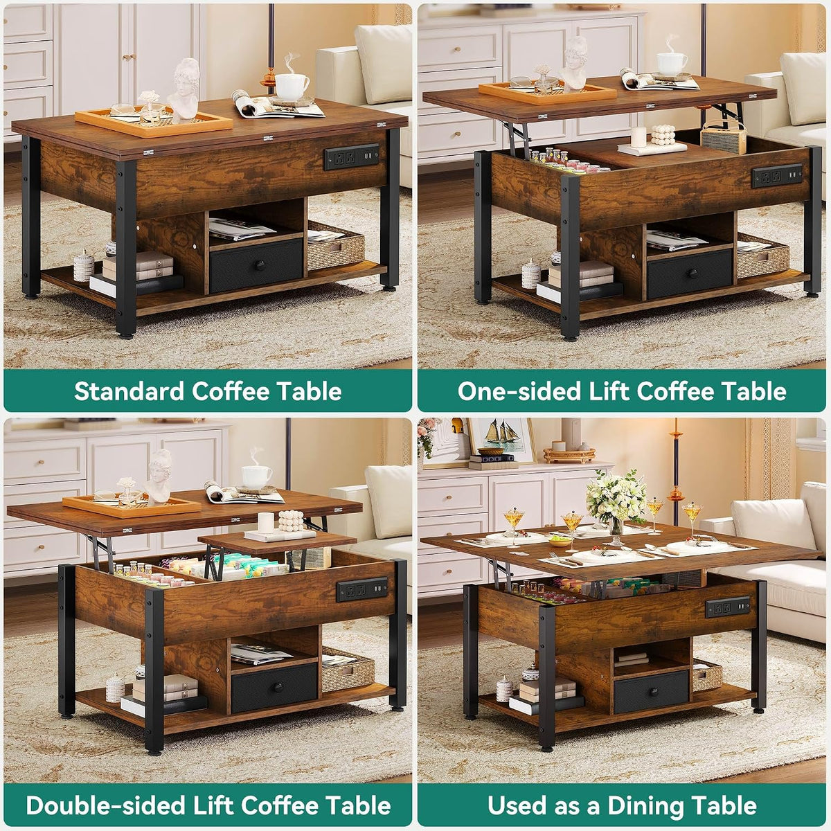 YITAHOME 4-in-1 Lift Top Coffee Table with RGB Light & Dual Tops, Multi-Function Table with Power Outlets, Storage, Converts to Dining Table Computer Desk Gaming Hub, Living Room, Home Office, Brown