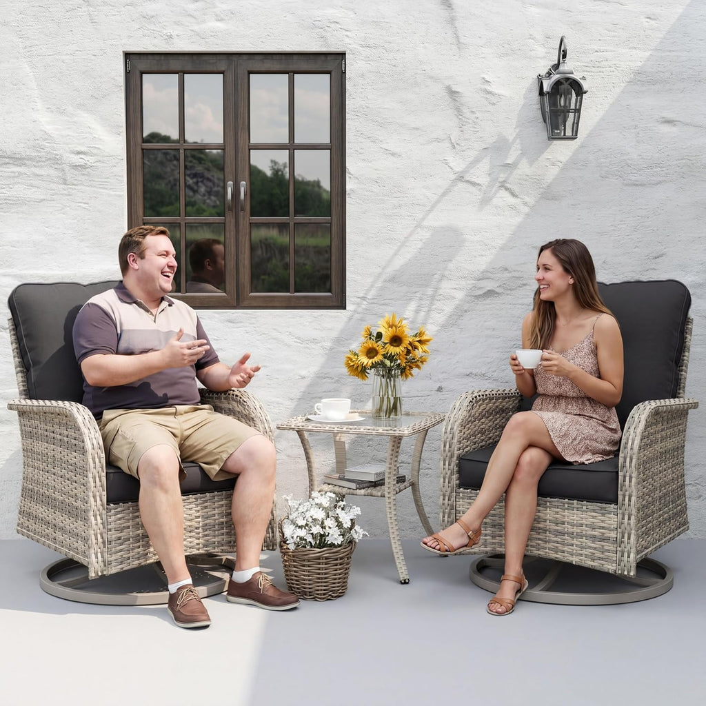 Patio Rocking Swivel Chair Outdoor Wicker Rattan Bistro Set with Tempered Glass Side Table, Outdoor Patio Furniture Set for Garden, Deck, and Balcony, Dark Grey