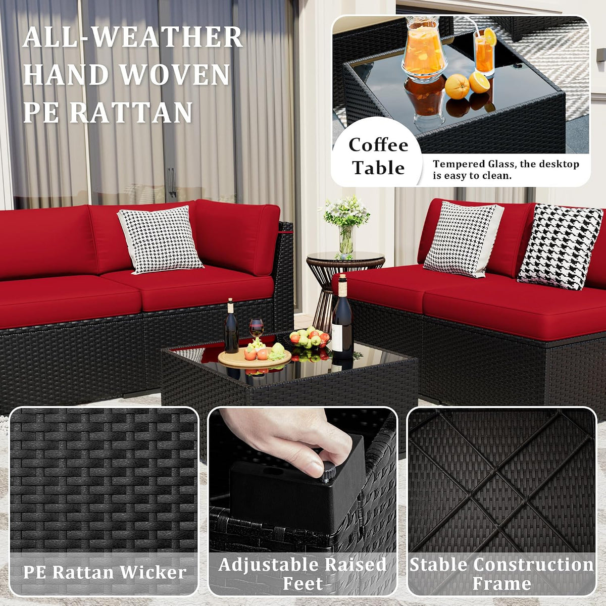 8 Pieces Outdoor Patio Furniture Set with 44' Fire Pit Table Black Rattan Sectional Conversation Sets w/Gas Fire Pit, Coffee Table, 1 Waterproof Covers, Wine red