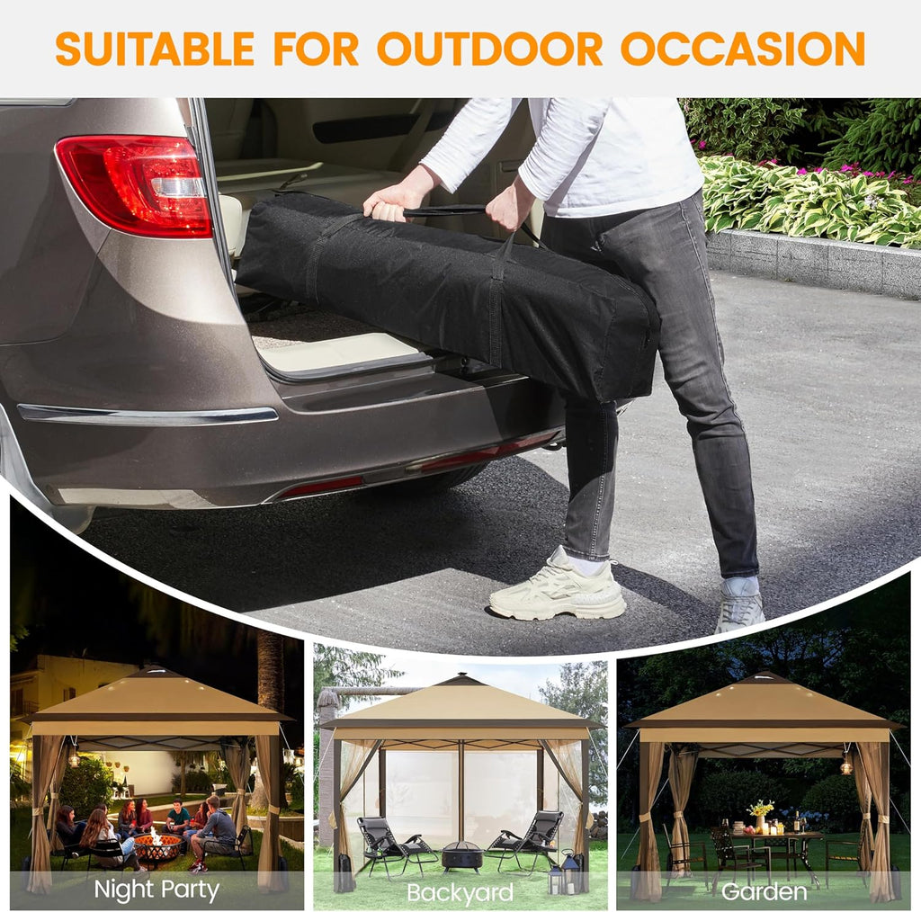 Yaheetech 11'x11' Pop Up Gazebo Instant Tent with 17 Solar LED Lights & Zippered Mesh Netting, Outdoor Shelter Sun Shade Gazebo with Sandbags for Backyard Garden Patio, Khaki & Brown