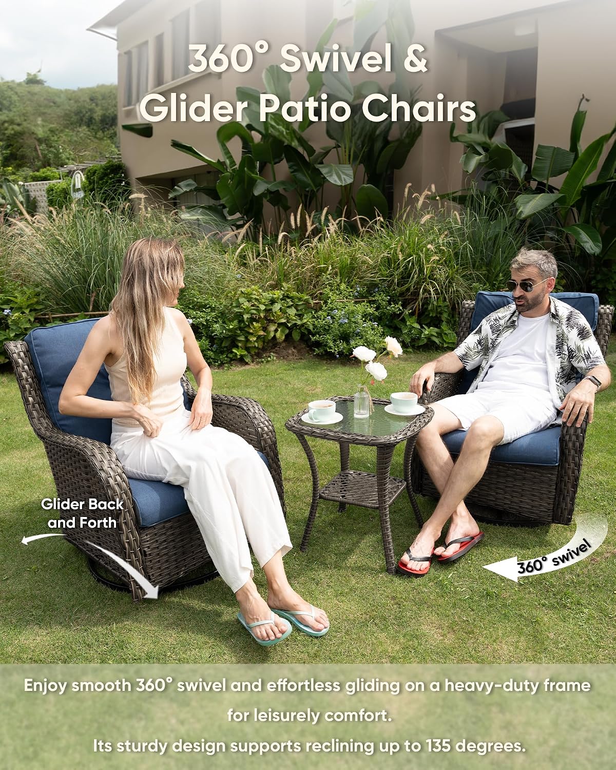 HUMMUH Wicker Patio Furniture High Back Swivel Rocker Patio Chairs Outdoor Bistro Set with Ottomans Side Table for Porch Garden Deck