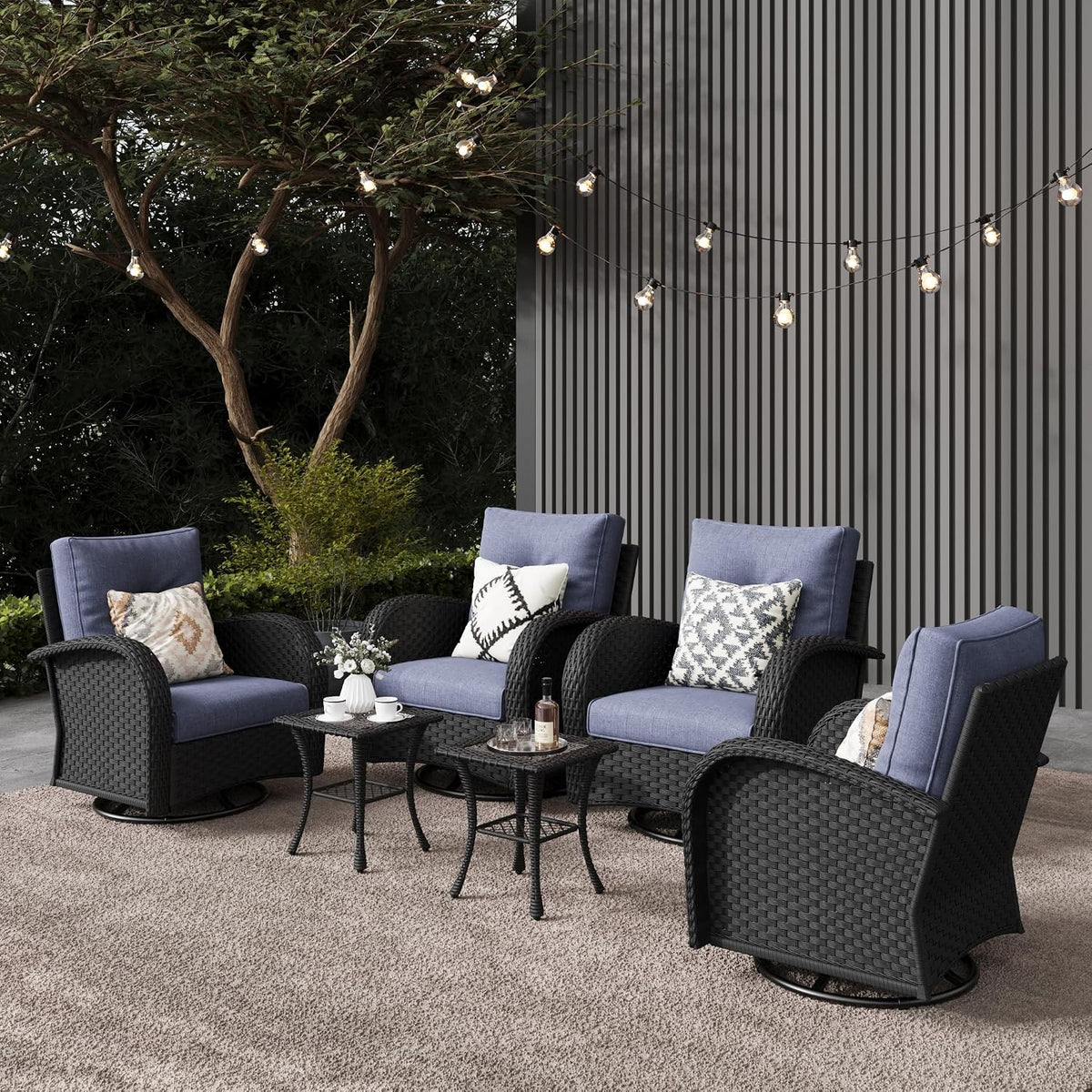 LayinSun 6 Pieces Outdoor Patio Furniture Set, Rattan Wicker Sectional Swivel Rocker Chairs Sets