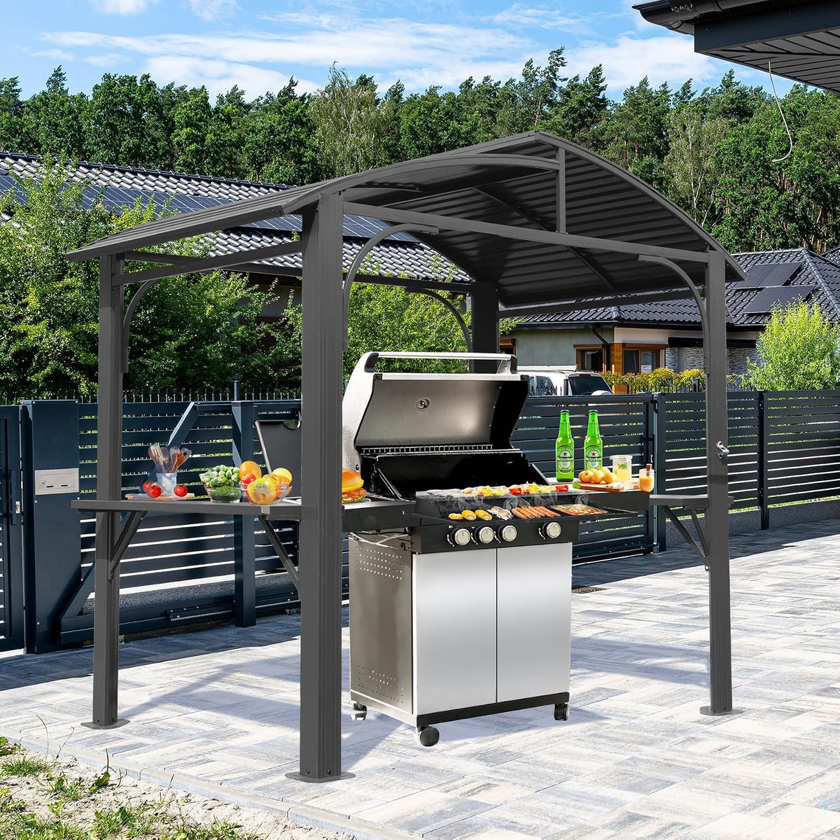 8x5FT Hardtop Grill Gazebo, All-Weather Outdoor Gazebo with 2 Side Shelves and Bottle Opener, Galvanized Steel Double ARC Roof, Outdoor Metal Grill Canopy for Patio, Backyard, Lawn, Deck – Grey