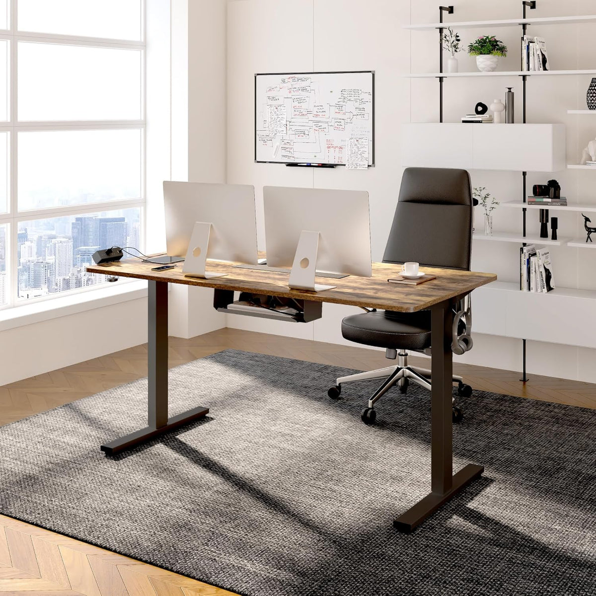 FLEXISPOT EN2 Whole-Piece Standing Desk with Clamp Power Strip, 48 x 24'' Electric Stand Up Height Adjustable Desk with Cable Management (Black Frame + 48' Rustic Brown Desktop, 2 Packages)
