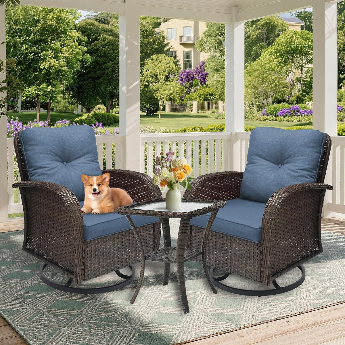 Outdoor Swivel Rocker Patio Chairs 3 Pieces，Swivel Patio Chairs with Cushions，Outdoor Swivel Rocking Chairs Set of 2 with Rattan Side Table，Patio Furniture Set for Outside Porch Deck