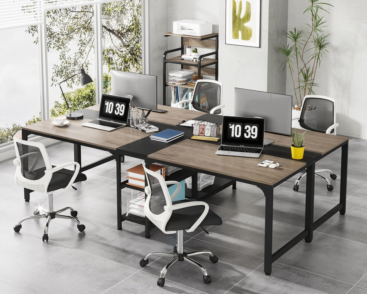 Tribesigns 90.55'' 2 Person Desk with Storage Shelves, Double Computer Desk with Spacious Desktop, Extra Long Study Writing Table Workstation for Home Office (Black & Gray)