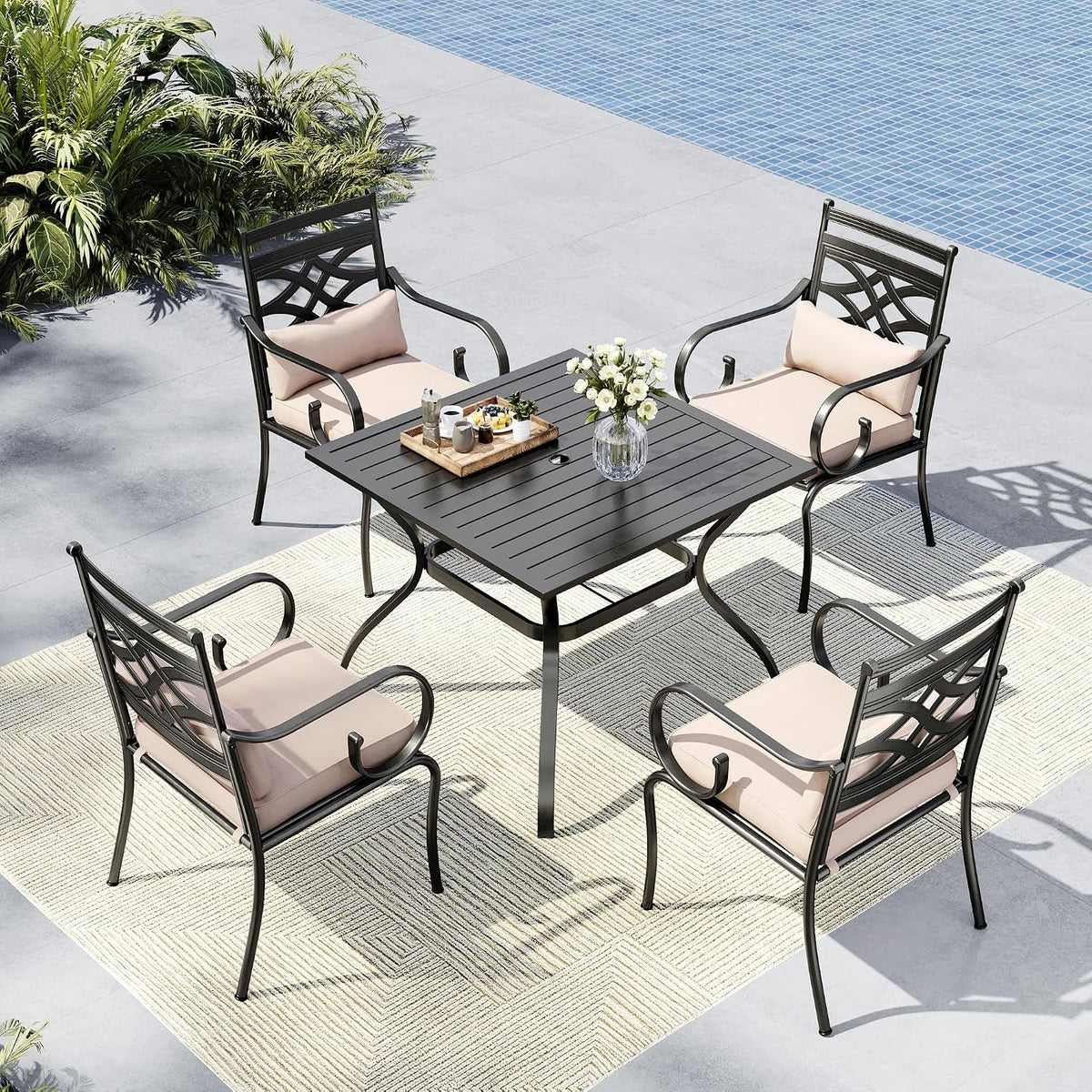 MFSTUDIO Patio Table and Chairs Set, Outdoor Dining Set for 4 with Umbrella Hole, 5 Piece Patio Dining Sets for Deck, Poolside, Backyard, Garden