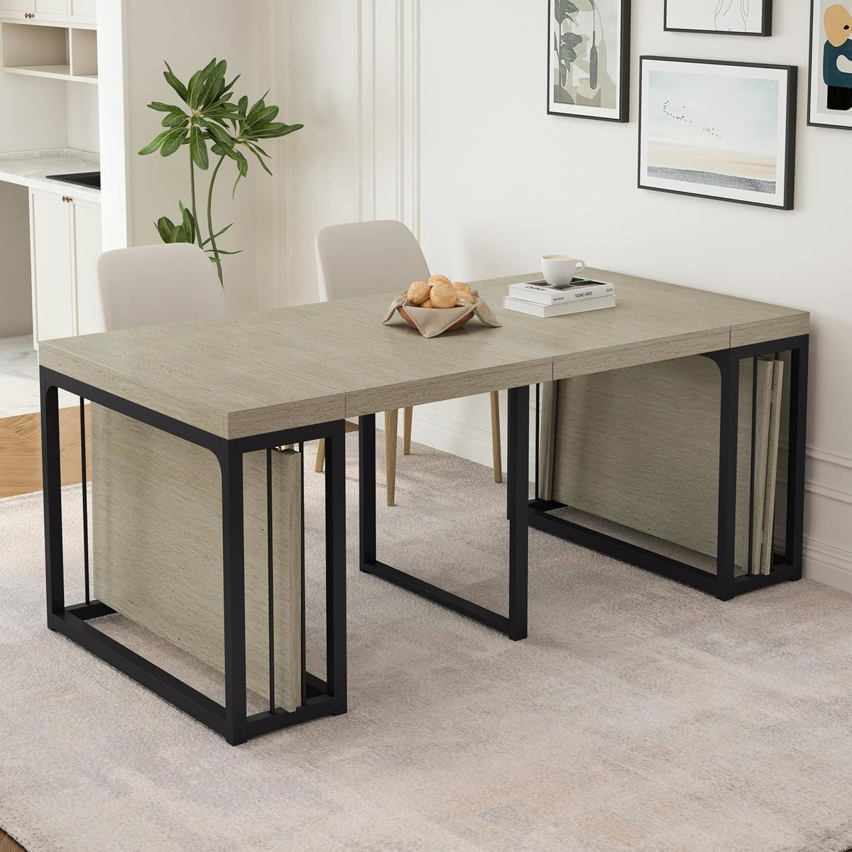 23.6' - 118' Extendable Dining Room Table, Modern Extra Long Folding Dining Tables for 2-10 People, Adjustable Kitchen Dinner Table, Outdoor Patio Furniture Set, Ancient White