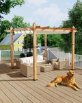 KYBOLT 10x10 Ft Outdoor Pergola with Retractable Canopy Aluminum Imitation Wood Grain Metal Patio Pergola for Backyard Deck Porch Grape Trellis(Beige)