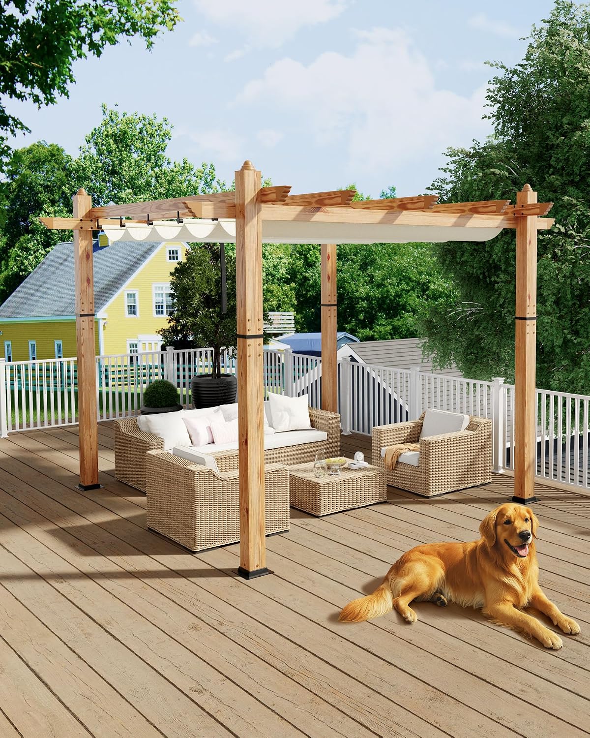 KYBOLT 10x10 Ft Outdoor Pergola with Retractable Canopy Aluminum Imitation Wood Grain Metal Patio Pergola for Backyard Deck Porch Grape Trellis(Beige)