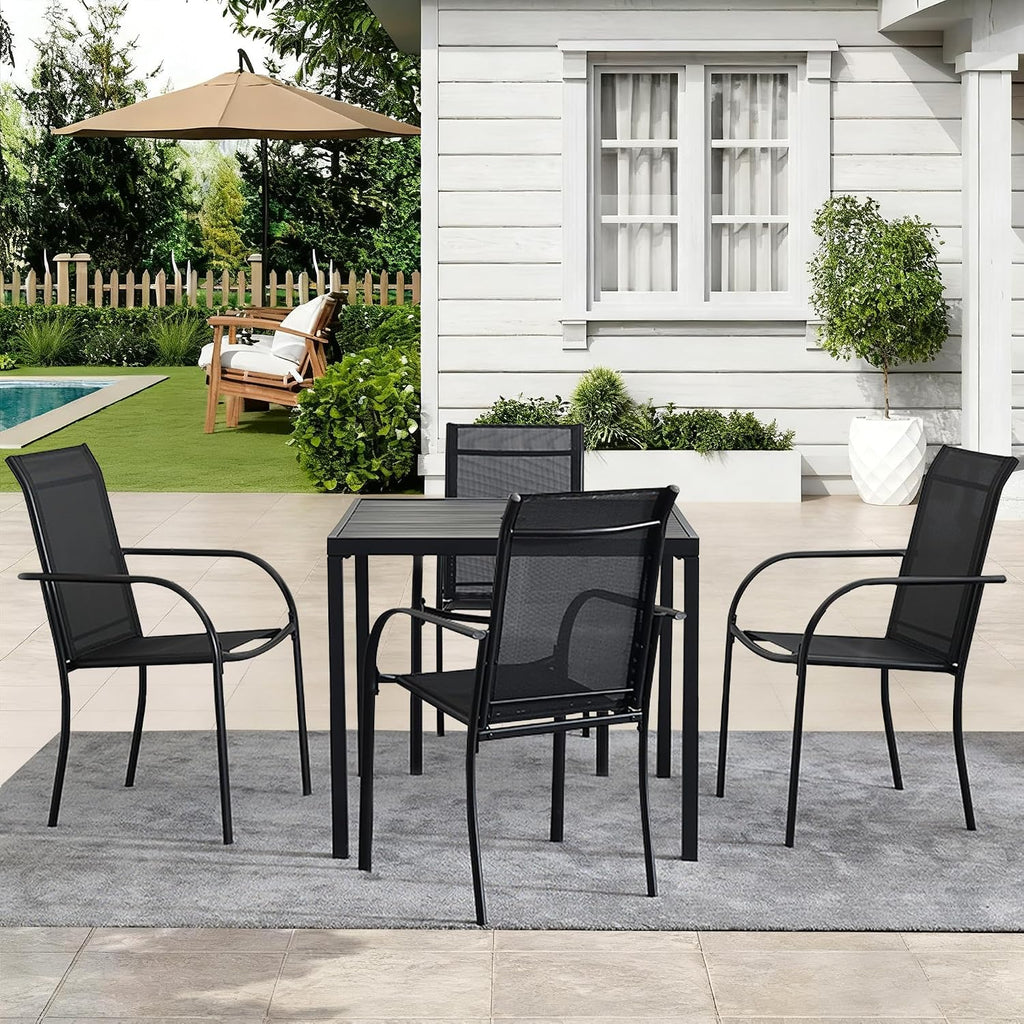 5-Piece Outdoor Dining Set, 35.5' Square Metal Patio Table with Black Chairs, Black Table with Umbrella Hole for Garden, Yard, Patio