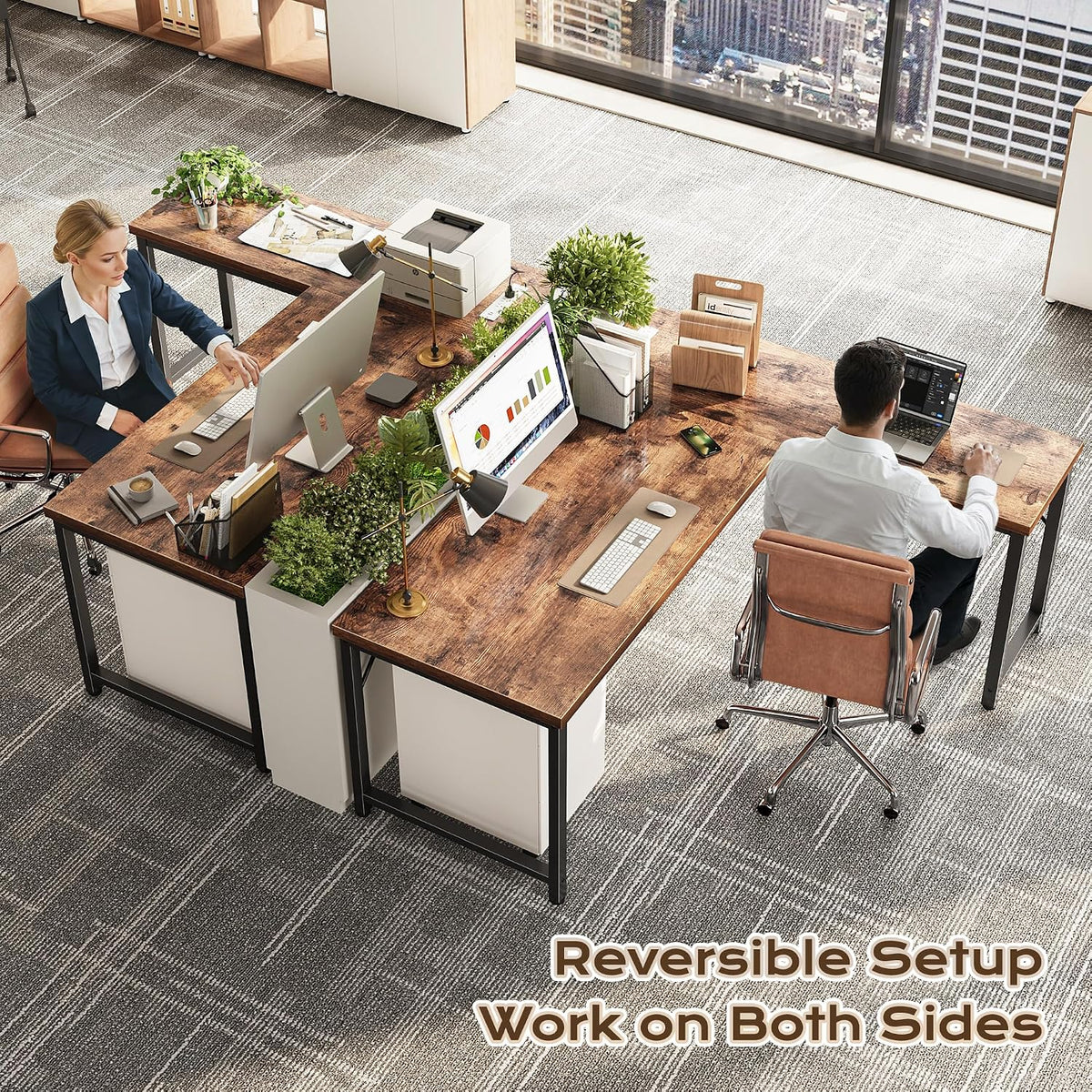 Huuger 55 Inch L Shaped Desk with Power Outlets and USB-C Port, 0.95 Inch Thicker Desktop, Reversible Computer Desk, Larger Office Corner Gaming Desk, Metal Frame, for Home Office, Study, Rustic Brown