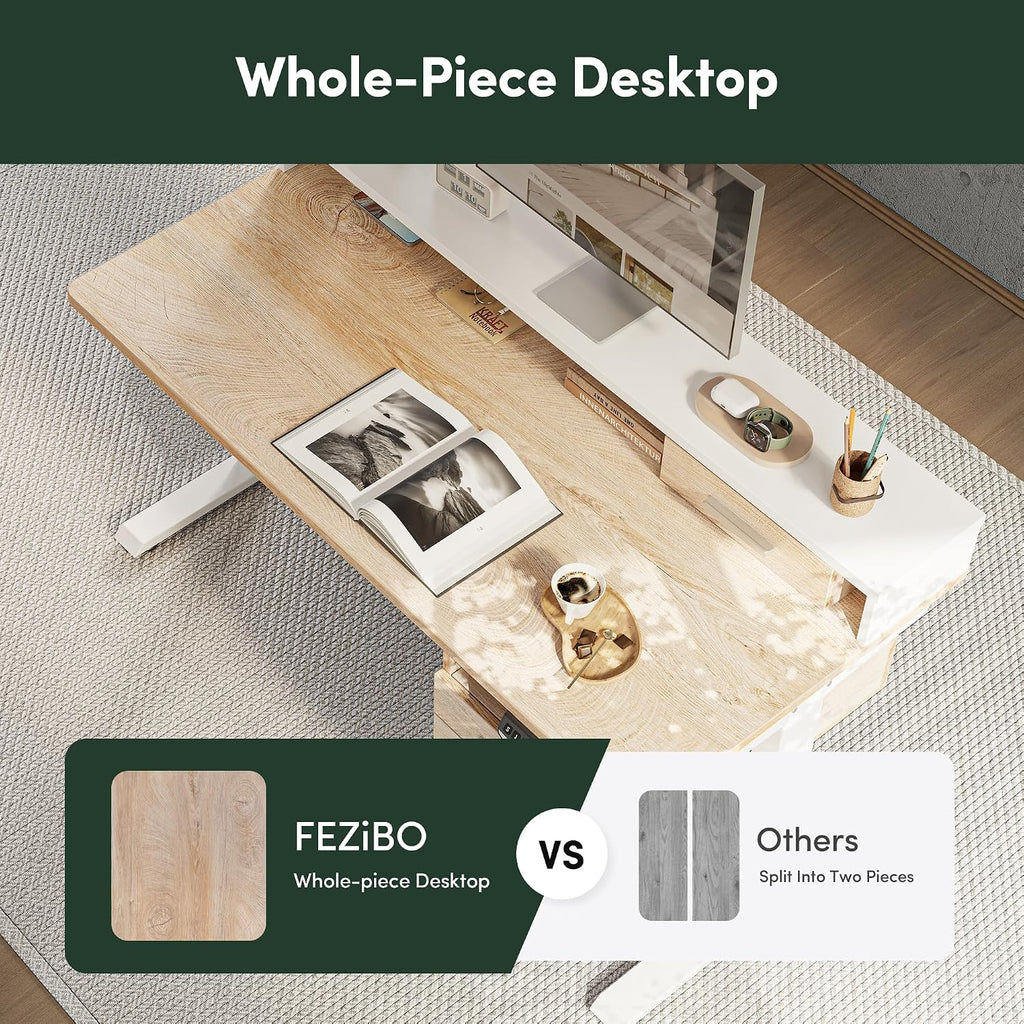 FEZIBO Standing Desk with Wood Drawers, 48' x 24' Electric Height Adjustable Table with Monitor Shelf, 3 Drawers and Open Storage, Computer Home Office Sit and Stand up Workstation, Maple