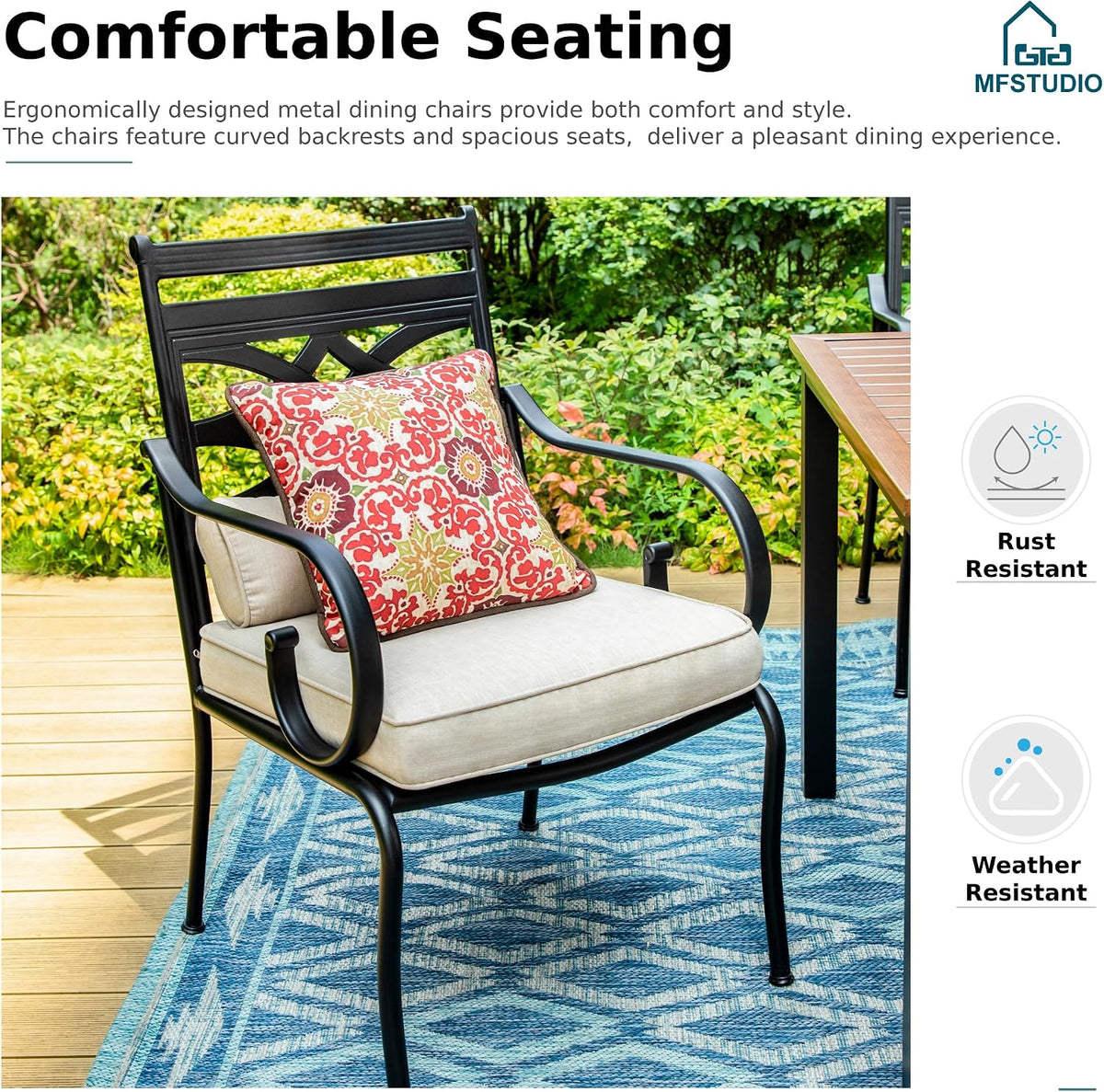 MFSTUDIO Patio Table and Chairs Set of 4, Patio Dining Sets for 4 with Umbrella Hole, Outdoor Dining Set for Deck, Poolside, Backyard, Garden