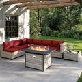8-Piece Outdoor Patio Furniture Set with 55,000 BTU Fire Pit Table, PE Wicker Rattan Sectional Sofa Conversation Set - All-Weather Garden, Backyard Furniture, Red