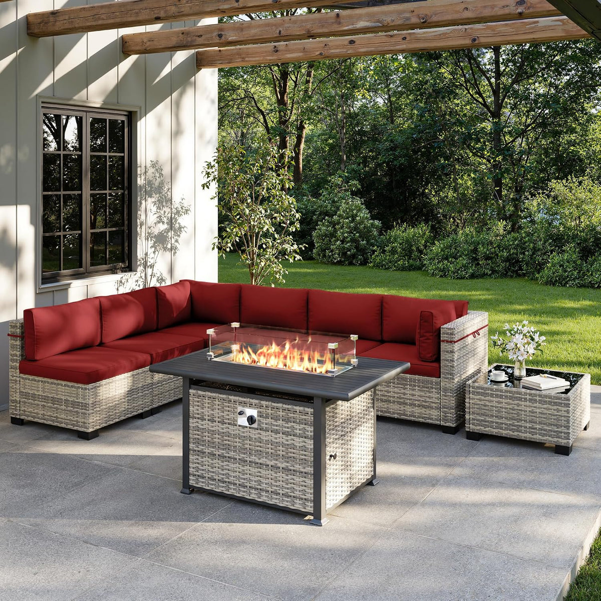8-Piece Outdoor Patio Furniture Set with 55,000 BTU Fire Pit Table, PE Wicker Rattan Sectional Sofa Conversation Set - All-Weather Garden, Backyard Furniture, Red