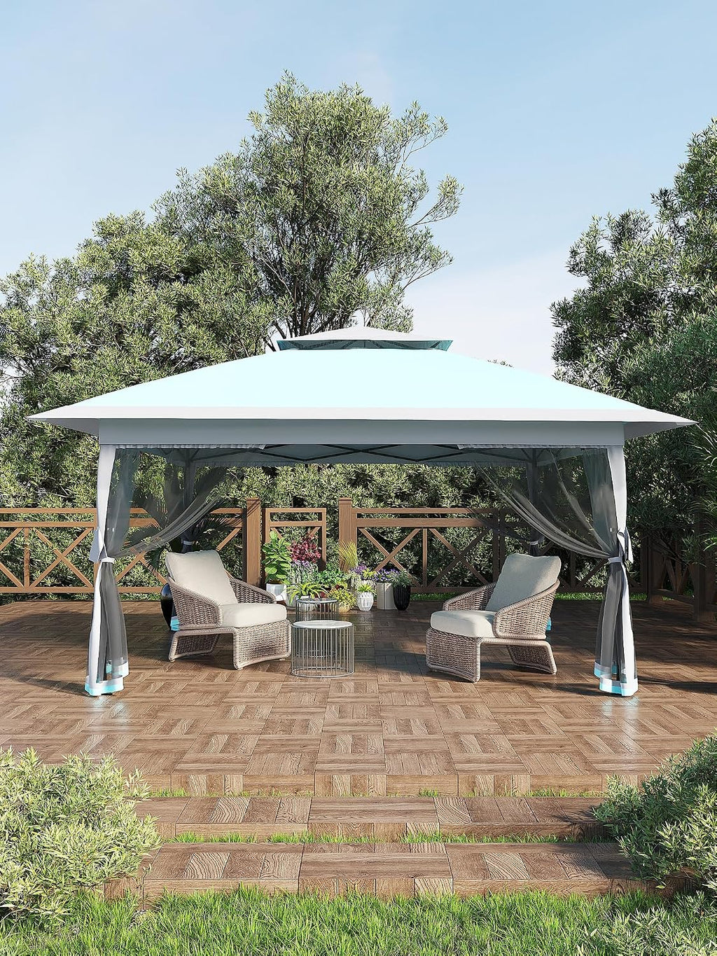 Garvee 13x13 ft Pop Up Gazebo, Canopy Tent with Mosquito Netting, Outdoor Gazebos for Backyard & Patio Furniture - Pop Up Canpy with Wheeled STO-N-Go Cover Bag (Light Blue+Light Grey)
