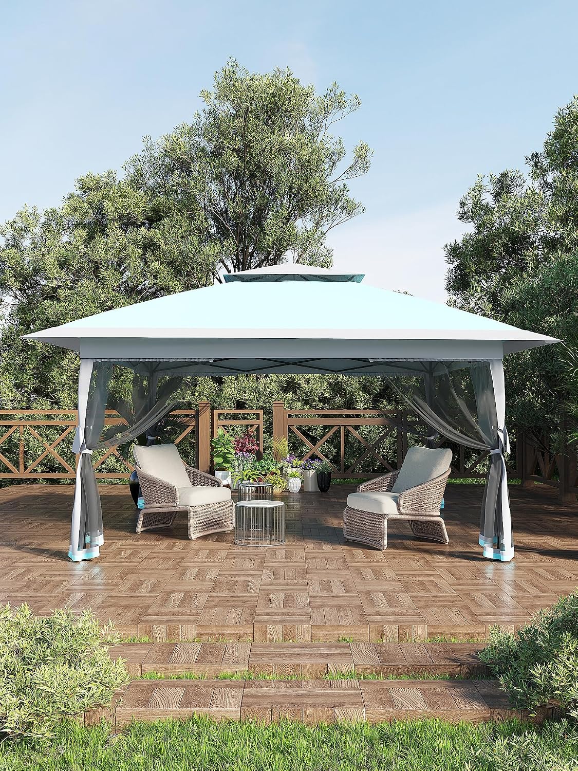 Garvee 13x13 ft Pop Up Gazebo, Canopy Tent with Mosquito Netting, Outdoor Gazebos for Backyard & Patio Furniture - Pop Up Canpy with Wheeled STO-N-Go Cover Bag (Light Blue+Light Grey)