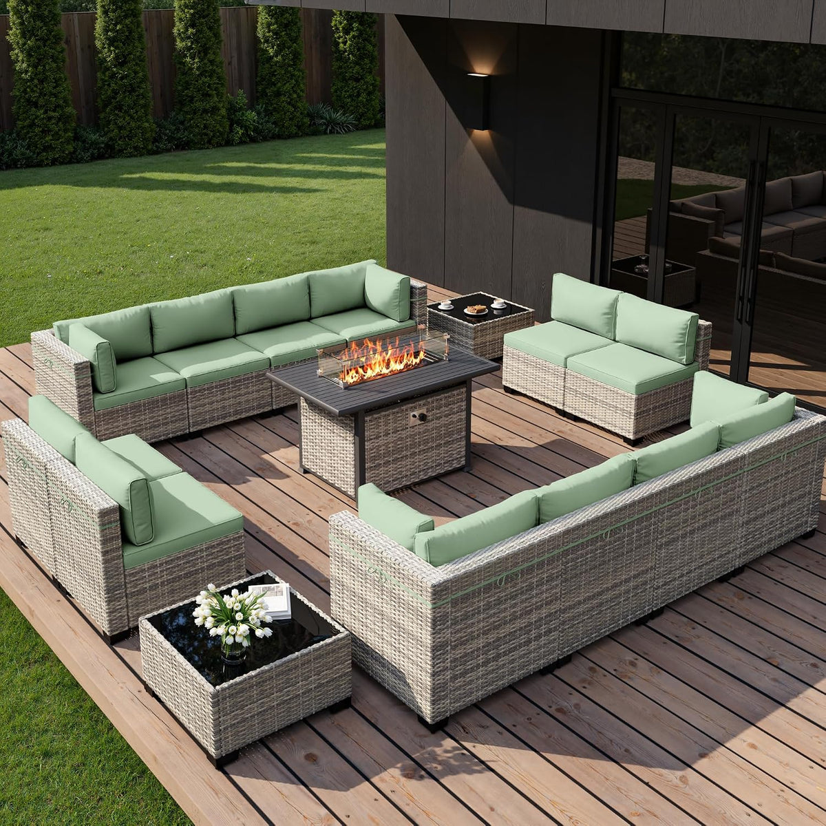 15-Piece Outdoor Patio Furniture Set with 55,000 BTU Fire Pit Table, PE Wicker Rattan Sectional Sofa Conversation Set - All-Weather Garden, Backyard Furniture, Light Green