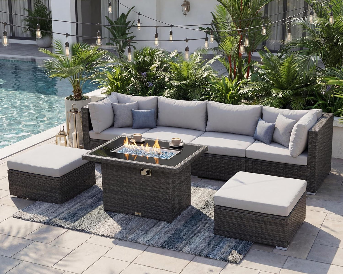 NICESOUL 6 Seats Modern Outdoor Furniture Set with Firepits Natural Gas/Propane, Extra Large Wicker Patio Sofa Sectionals for Outside, 29.3'' High Backrest Modular Deep Seated Conversations, Gray