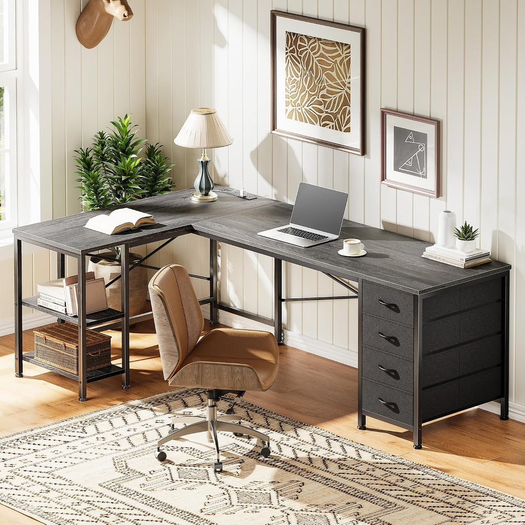 Huuger 55 Inch L Shaped Desk with Fabric Drawers, Reversible Computer Gaming Desk with Power Outlets and USB-C Port, Adjustable Side Storage Shelves, for Work Study Corner Home Office, Grey,1CD078H