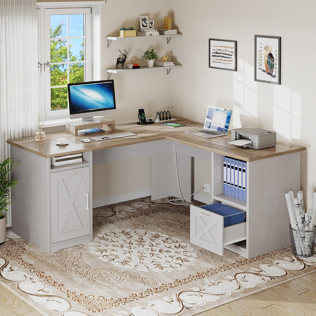 DWVO L Shaped Desk with File Drawer, 60' Corner Computer Desk with Power Outlets, Home Office Desk with Monitor Stand & Storage Shelves & File Cabinet, Grey Wash