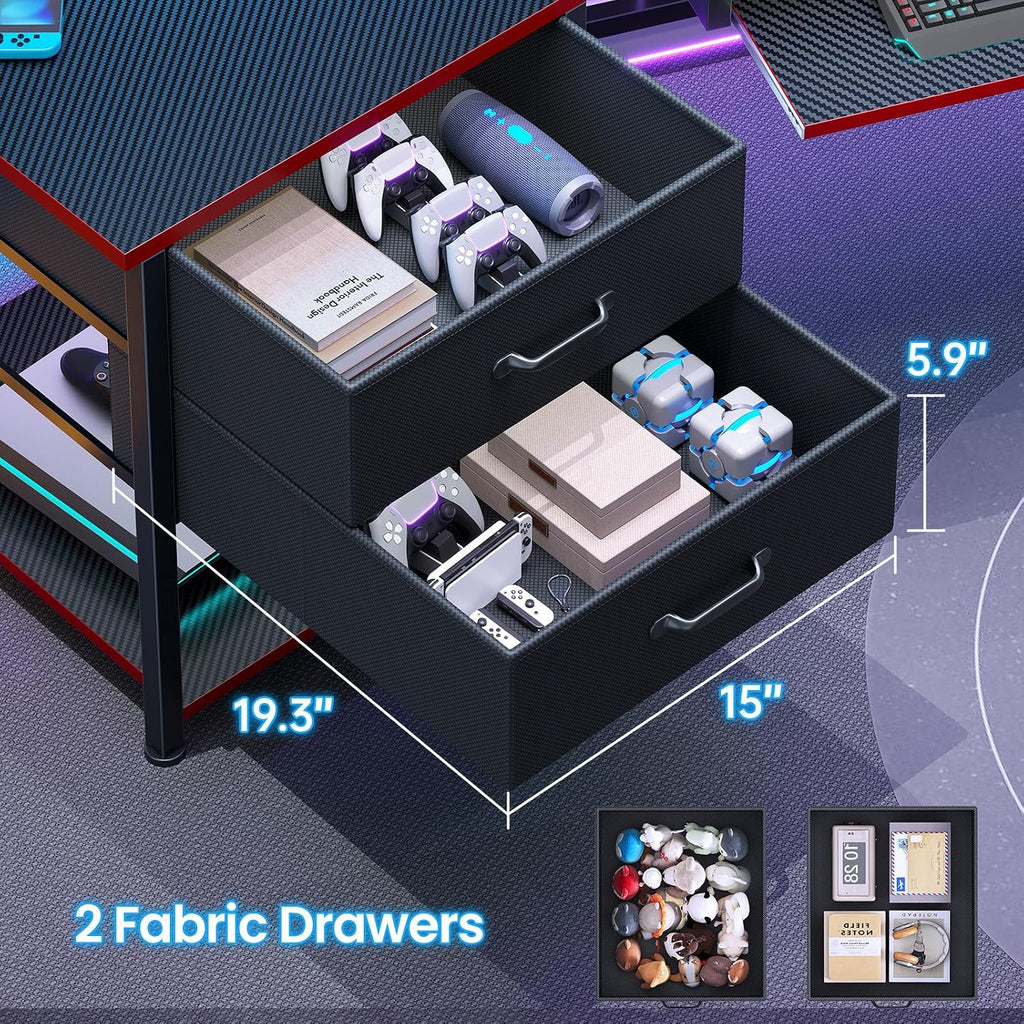 Itaar 79' Gaming Desk with 2 Fabric Drawers, Long Computer Desk with Power Strip & LED Lights, U Shaped Desk wtih Storage and Cup Holder, Large Gaming Table for Bedroom, Carbon Fiber Black+Red