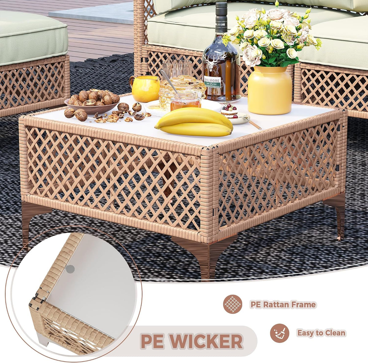 7-Piece Generous Patio Furniture Set, Wicker Outdoor Sectional Set with Large Tempered Glass Coffee Table, Boho Patio Conversation Couch Set with Thickened and Enlarged Cushion and Throw Cushion