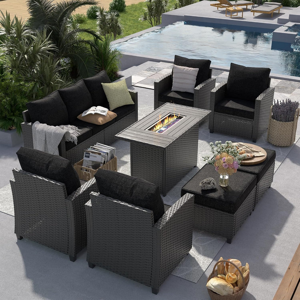 UDPATIO Patio Furniture Set with 44' Fire Pit Table, 8 Pieces Outdoor Sectional Conversation Sets, All-Weather Wicker Rattan Sofa Ottoman with 4' Thick Cushion for Garden Backyard Deck, Black