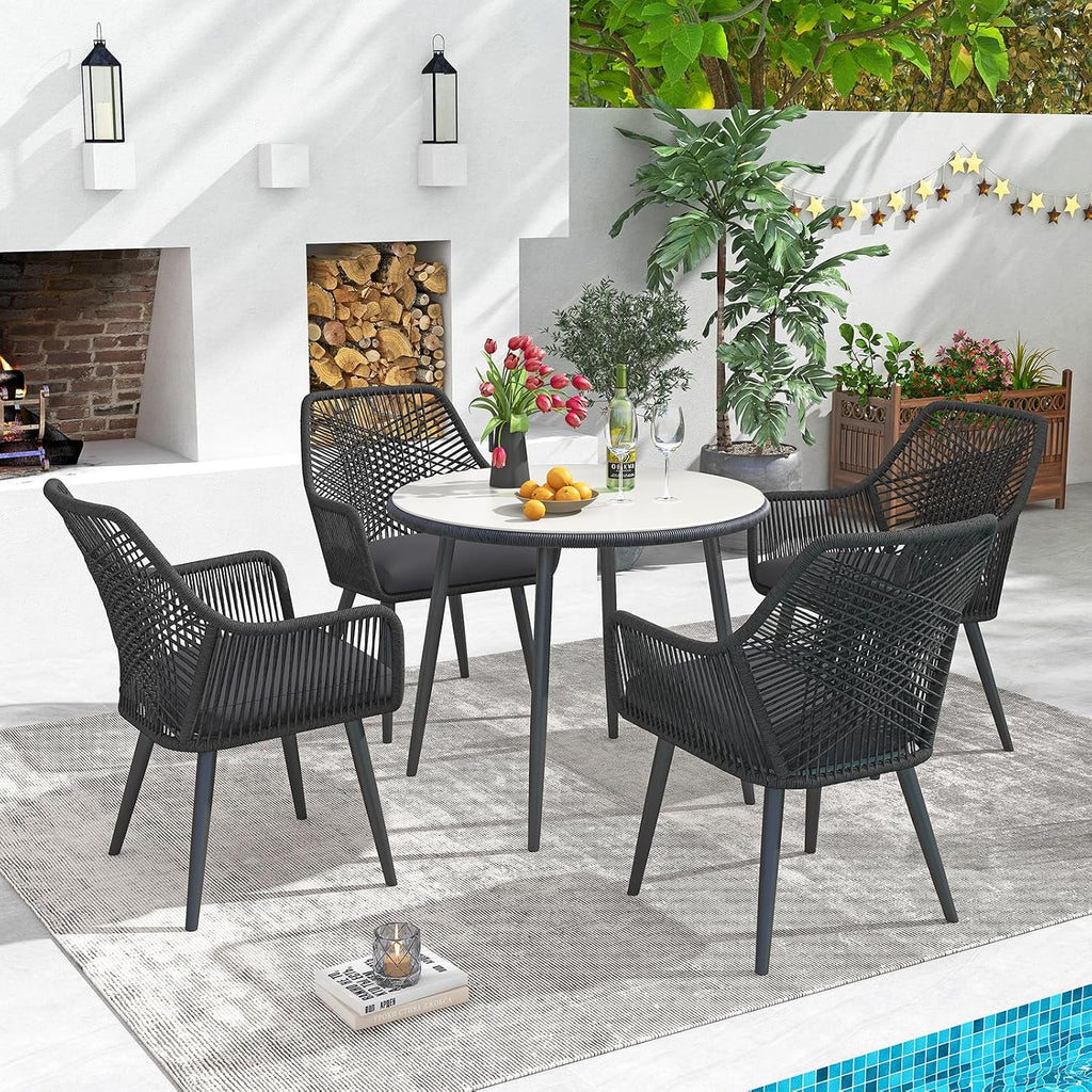 Patiorama 5-PC Patio Dining Set,Outdoor Dining Table Chair Set,All-Weather Twisted Rattan Wicker Rope Conversation Set,Patio Furniture Set w/Umbrella Hole,Cushioned Chairs&Table(Dark Grey&Cross Back)