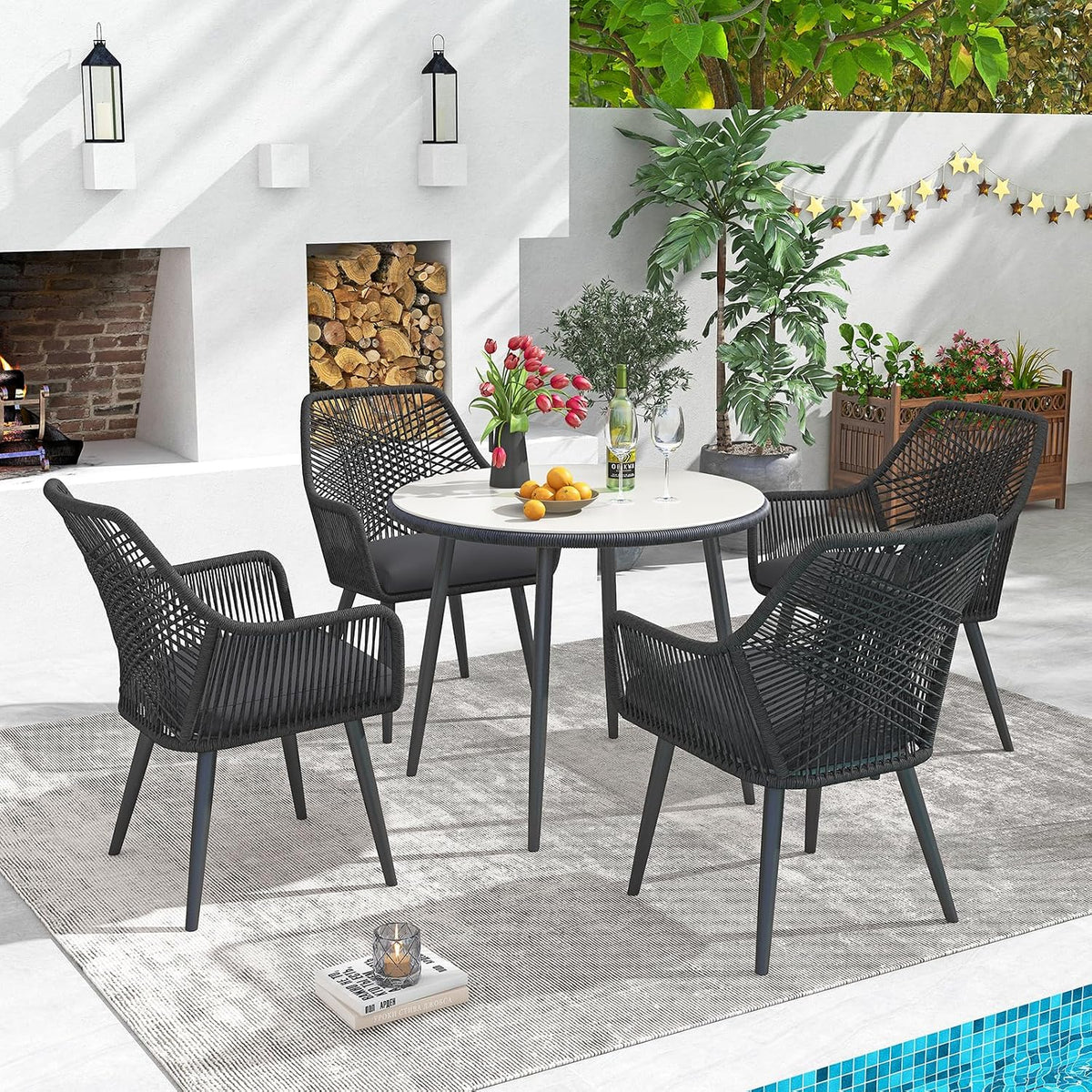 Patiorama 5-PC Patio Dining Set,Outdoor Dining Table Chair Set,All-Weather Twisted Rattan Wicker Rope Conversation Set,Patio Furniture Set w/Umbrella Hole,Cushioned Chairs&Table(Dark Grey&Cross Back)