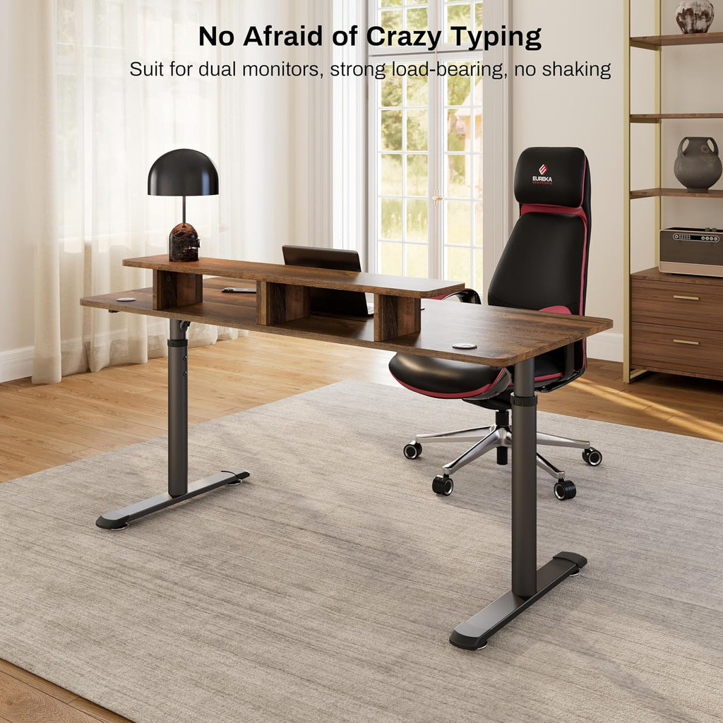 EUREKA ERGONOMIC 60 Inch Computer Desk Manual Adjustable Height Standing Desk, Home Office Desk with Monitor Stand Shelf Led Lights Strips, Computer Desk with Dual 2 Monitor Mouse Pad, Brown
