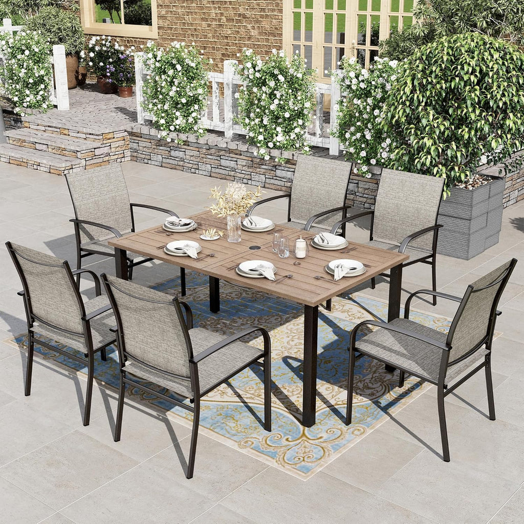 HERA'S HOUSE Patio Table and Chairs Set 7 Pieces, Wood-Like Outdoor Metal Dining Furniture Sets for Backyard Lawn Deck