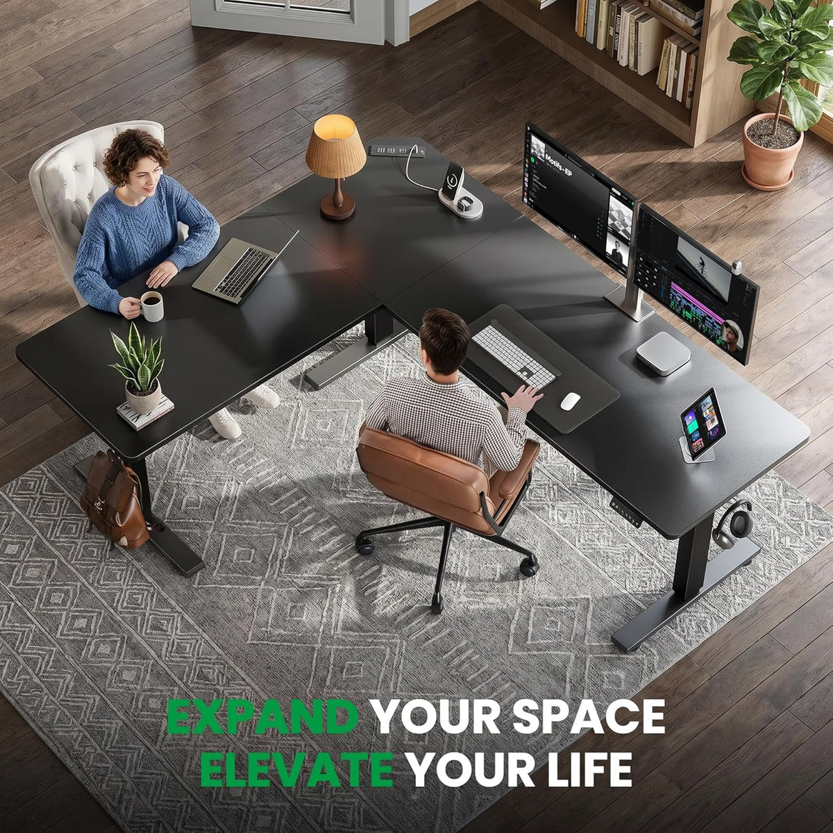 SIAGO L-Shaped Standing Desk - 63 x 55 Inch Adjustable Corner Standing Desk with Charging Station - L Shape Sit Stand Table with Memory Controller, Splice Board for Home Office