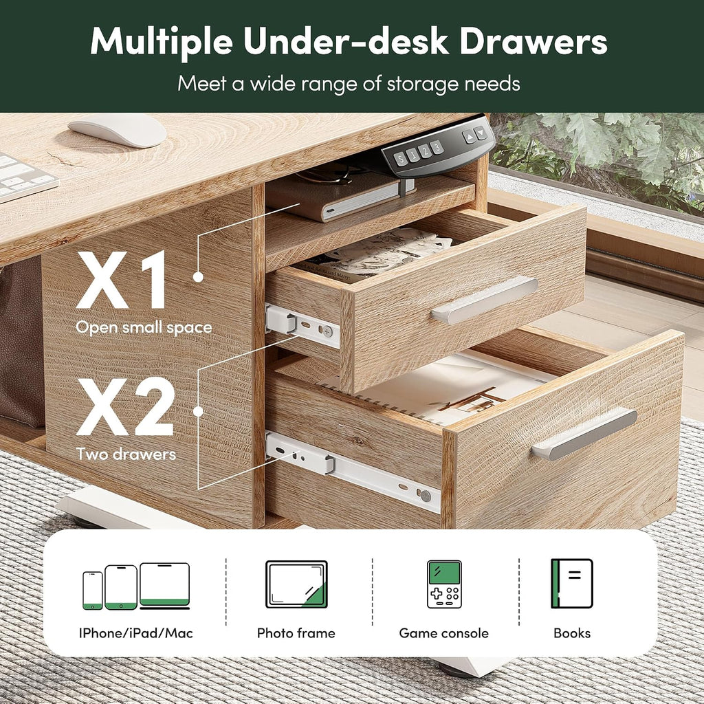 FEZIBO Standing Desk with Wood Drawers, 48' x 24' Electric Height Adjustable Table with Monitor Shelf, 3 Drawers and Open Storage, Computer Home Office Sit and Stand up Workstation, Maple