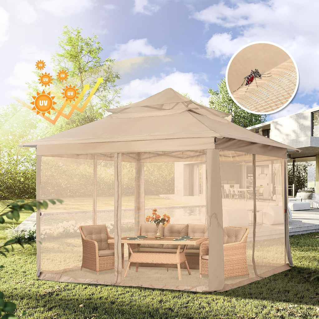 COOSHADE 11x11Ft Easy Pop Up Gazebo Tent Instant Outdoor Canopy Shelter with Mosquito Netting Walls(Khaki)