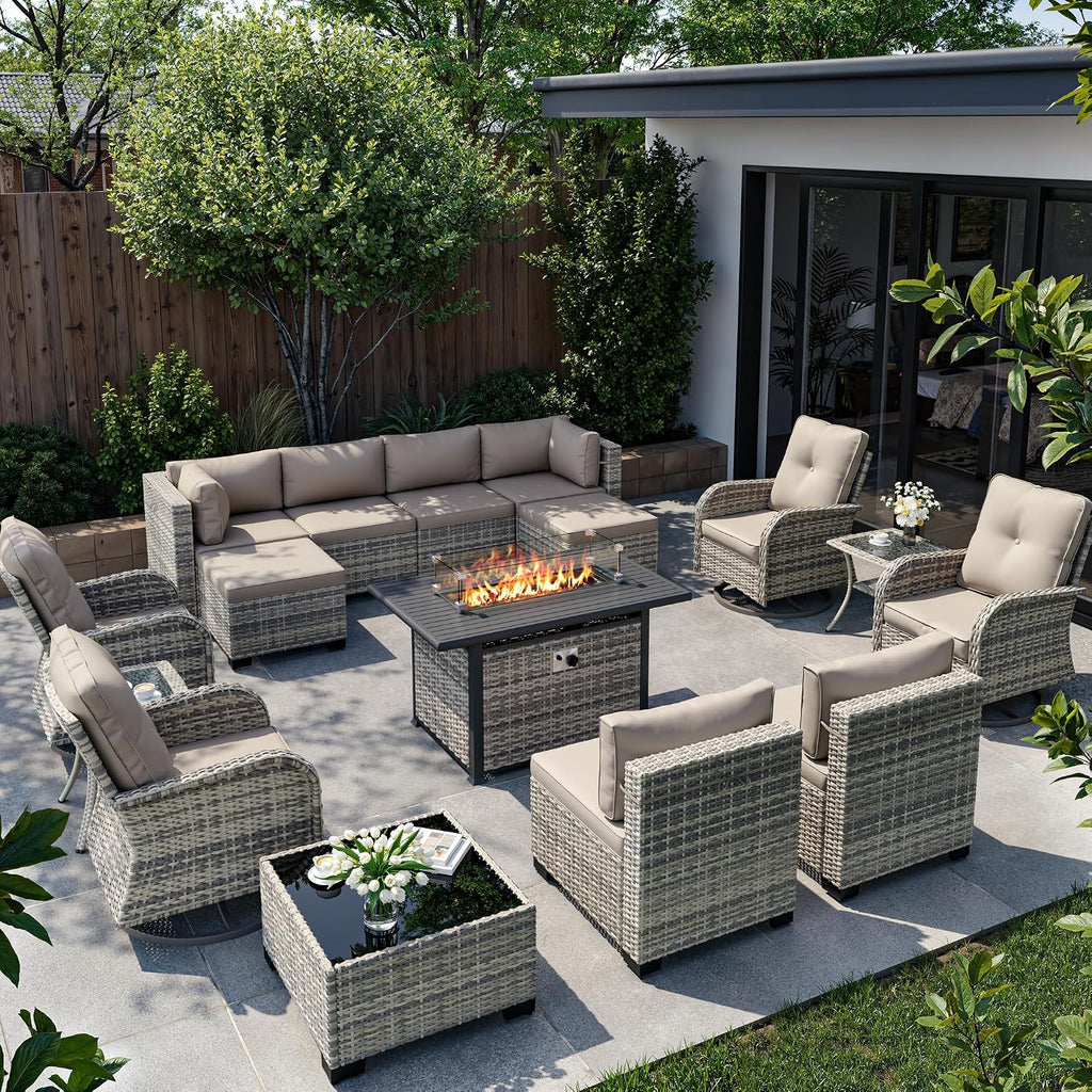 16-Piece Outdoor Patio Furniture Set with Rocking Swivel Chair, Wicker Rattan Sectional Sofa Conversation Set with 55,000 BTU Fire Pit Table with Ottomans, Backyard Furniture, Beige