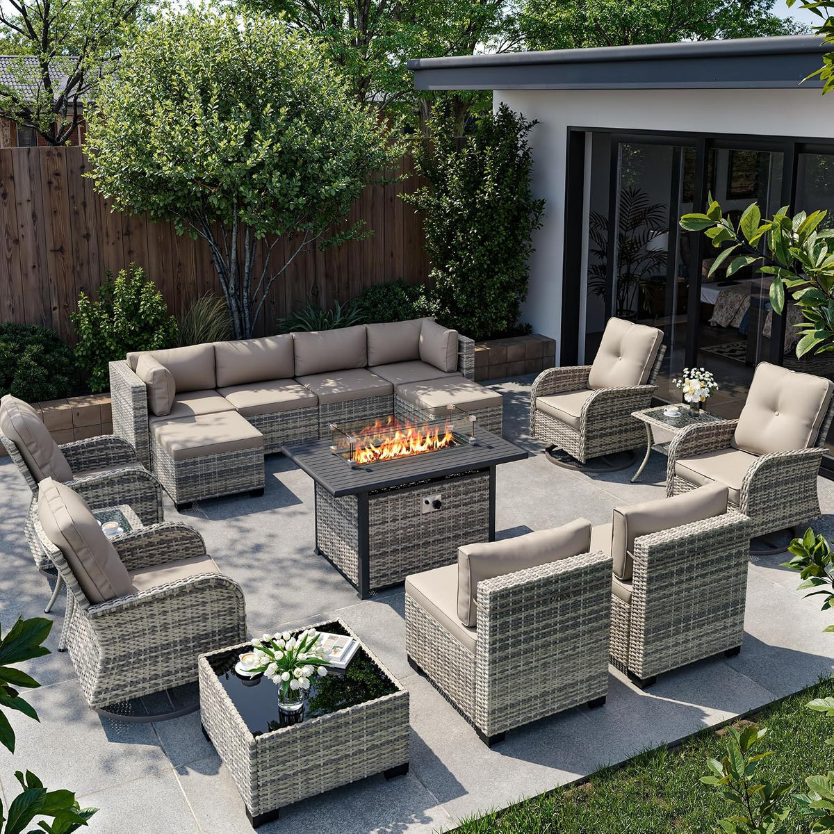 16-Piece Outdoor Patio Furniture Set with Rocking Swivel Chair, Wicker Rattan Sectional Sofa Conversation Set with 55,000 BTU Fire Pit Table with Ottomans, Backyard Furniture, Beige