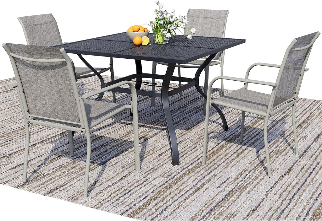 5-Piece Outdoor Dining Set, Square Metal Table with Grey Chairs, Black Patio Table with Umbrella Hole for Garden, Yard, Patio