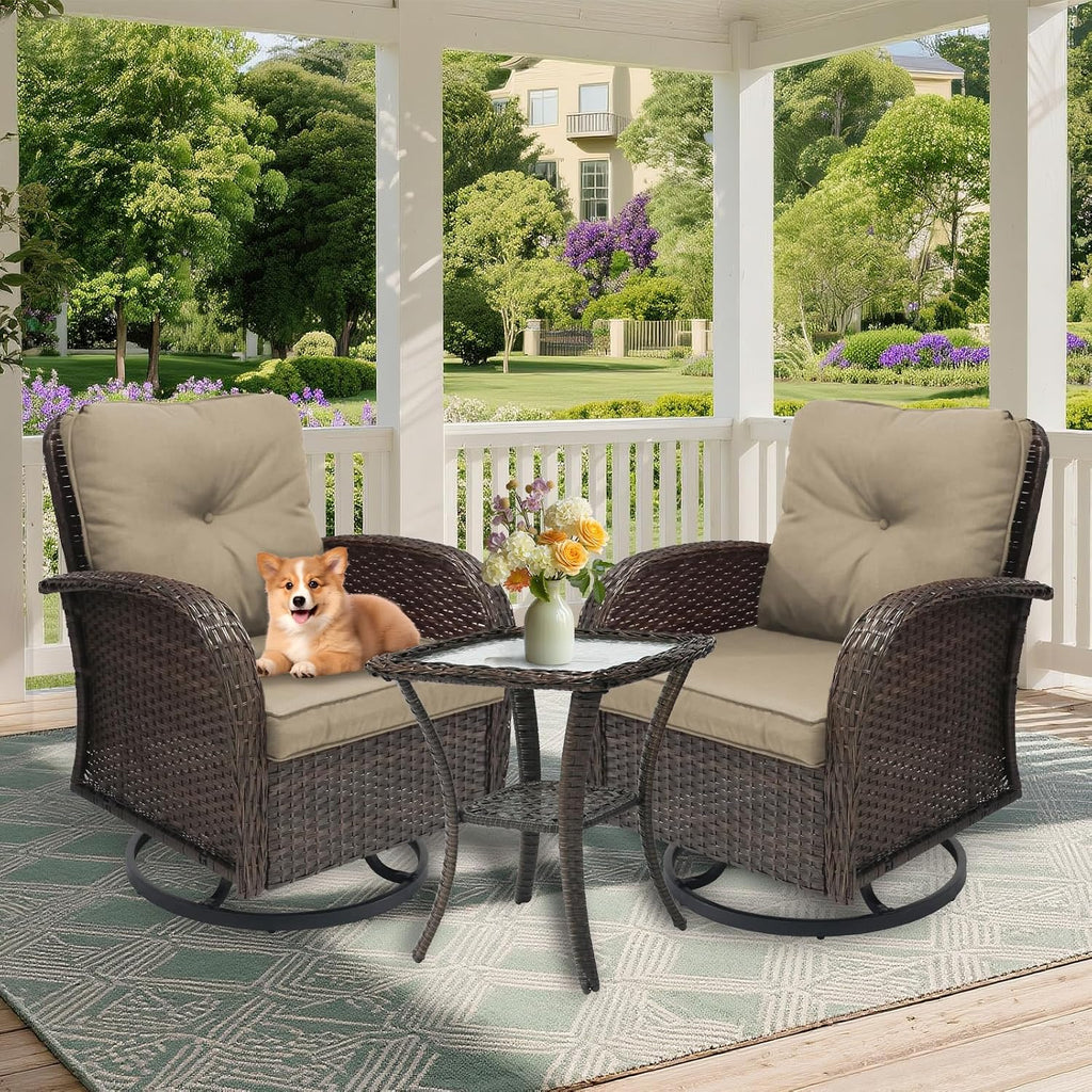 Outdoor Swivel Rocker Patio Chairs 3 Pieces，Swivel Patio Chairs with Cushions，Outdoor Swivel Rocking Chairs Set of 2 with Rattan Side Table，Patio Furniture Set for Outside Porch Deck