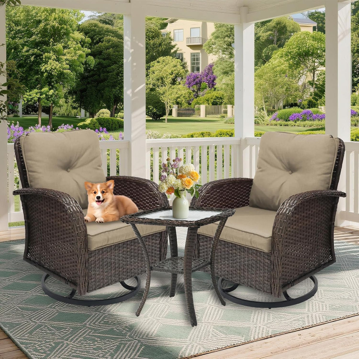 Outdoor Swivel Rocker Patio Chairs 3 Pieces，Swivel Patio Chairs with Cushions，Outdoor Swivel Rocking Chairs Set of 2 with Rattan Side Table，Patio Furniture Set for Outside Porch Deck