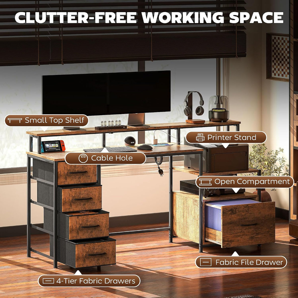 HOMCOM 67' Gaming Desk with File Cabinet and Fabric Drawers, Computer Table with Power Outlets and LED Lights, Monitor Stand and Printer Shelf, for Home Office Desk, Rustic Brown
