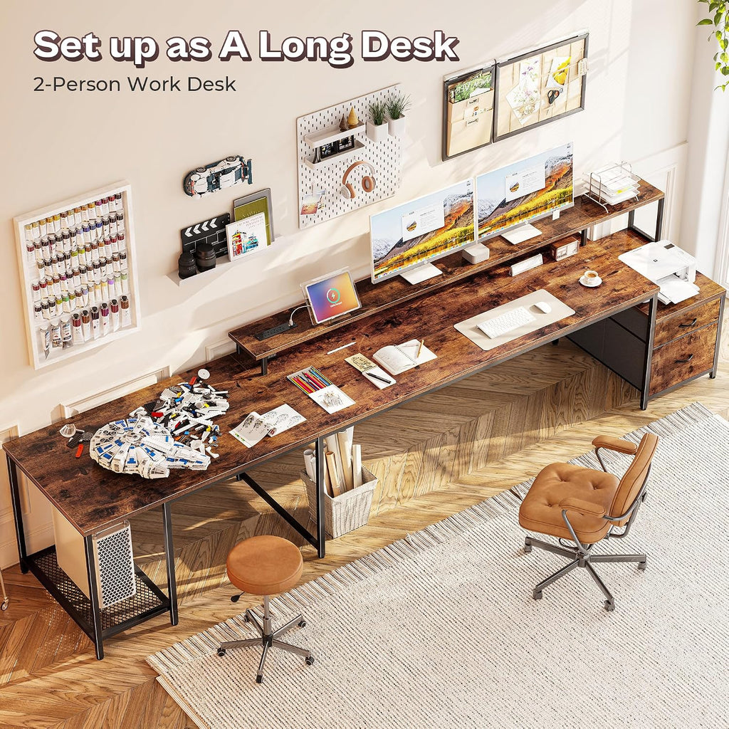 PRAISUN 66' L Shaped Gaming Desk with LED Lights & Power Outlets, Computer Desk with Fabric Drawers and Print Stand, Corner Office Desk, Monitor Stand, Mesh CPU Stand, Rustic Brown